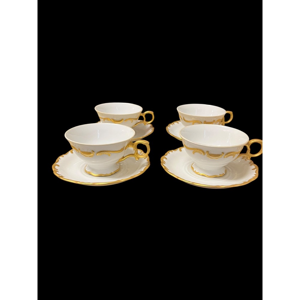 Schumann Arzberg Germany White Elegance Tea Cups Saucers Set 4 Gilt Bavaria